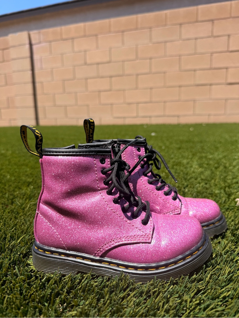 Dr. Martens Pink Glitter Lace-Up Boots with Black Trim